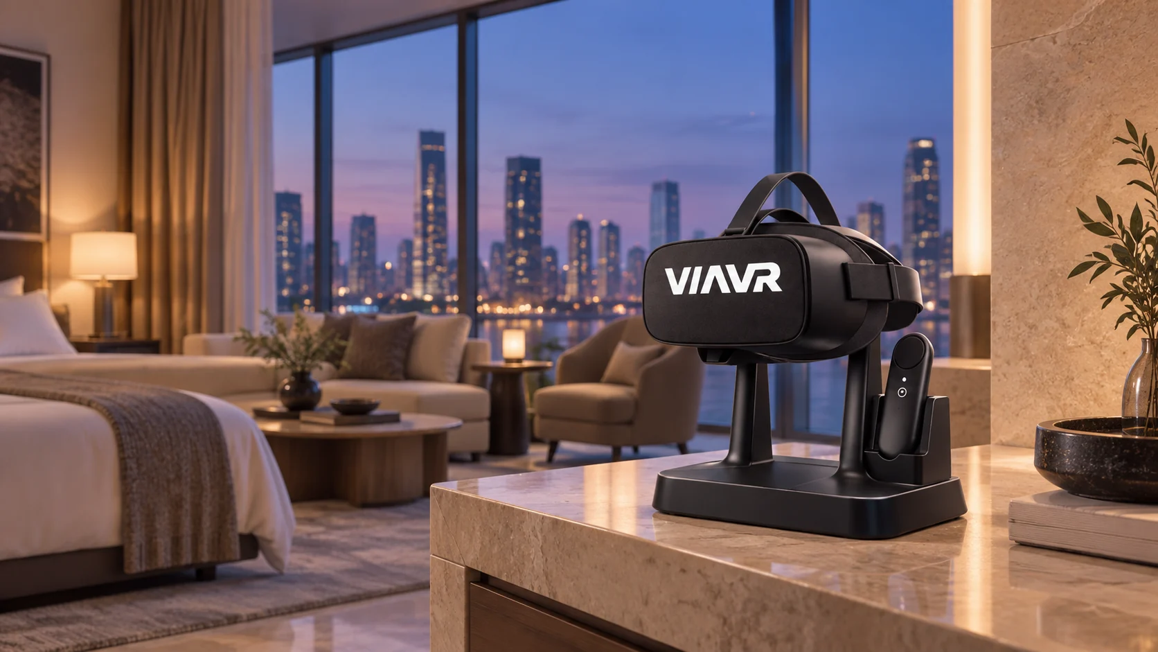 酒店套房中的 VIAVR 头显和控制器